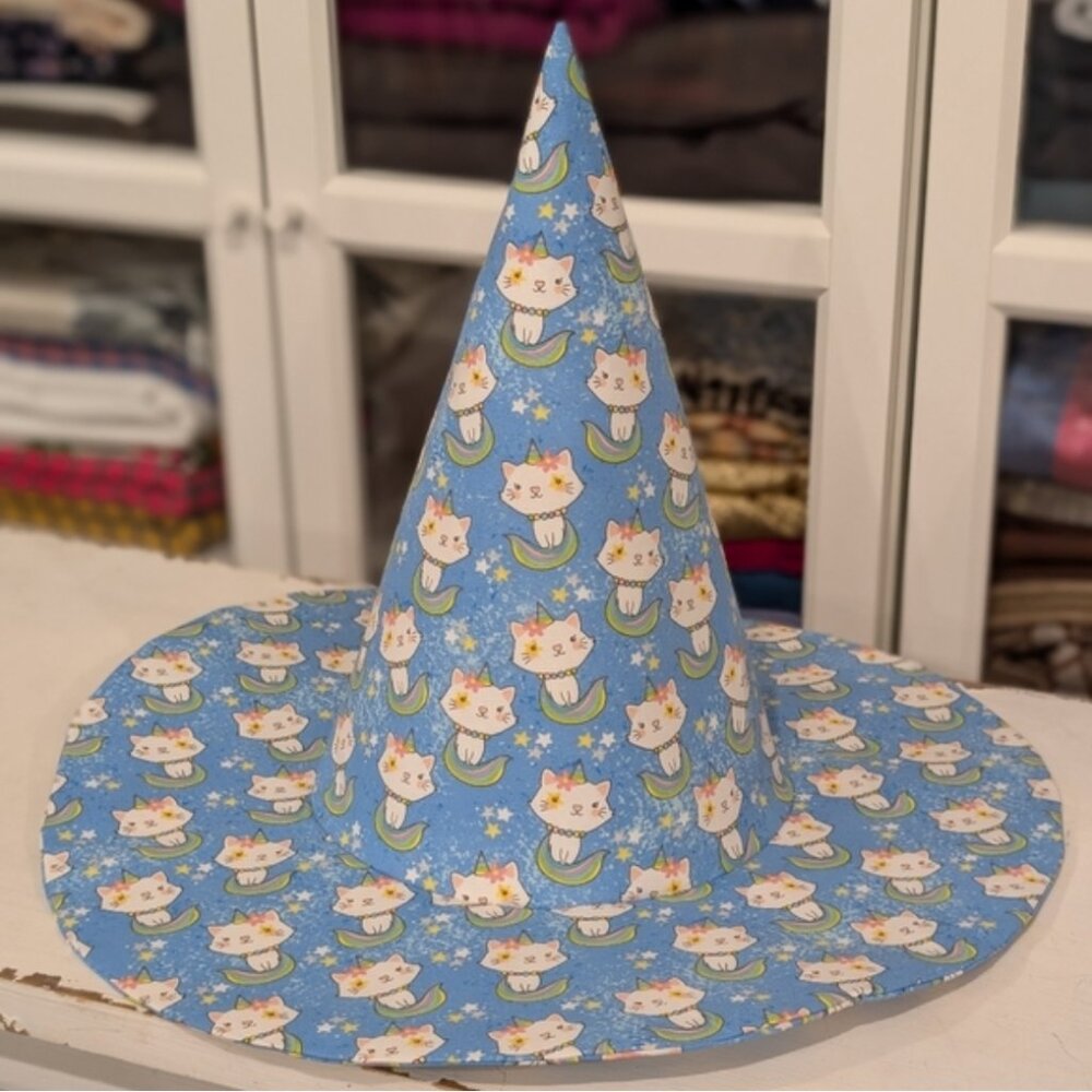 HANDMADE - Conical Witch Hat - Halloween - Spooky - Rainbow Unicorn Cats - Adult